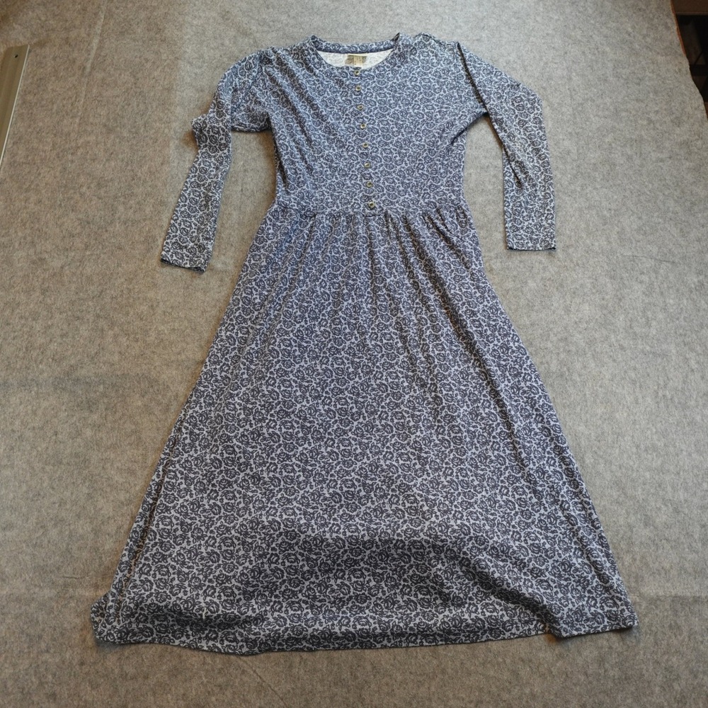 Vintage LL Bean Dress Women 12 Blue Floral Midi Long Sleeve Knit Made in USA